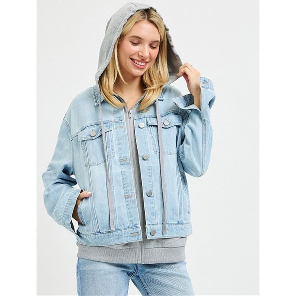 RISEN Oversized Hoodie Jean Jacket Light Blue Denim Hooded sz Small